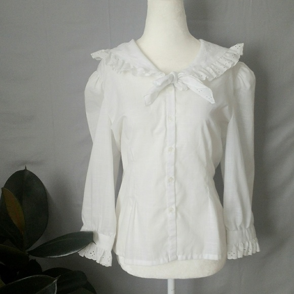 Vintage Tops - Vintage Sailor Collar Tie Neck Button Down Blouse